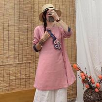 Early Autumn New stand collar long sleeve retro heavy industry embroidery oblique buckle retro pure linen Chinese style dress