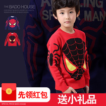 Boys sweater plus velvet knitwear round neck pullover children Red Spider Man padded cotton clothes spring and autumn