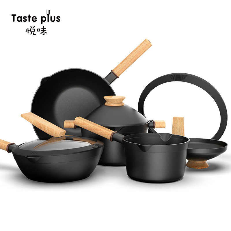 Taste plus Taste Creative Meta Wood Pan with Non Stick Pan Frying Pan Soup Pan Combined Milk Pan Cover Pan-Taobao
