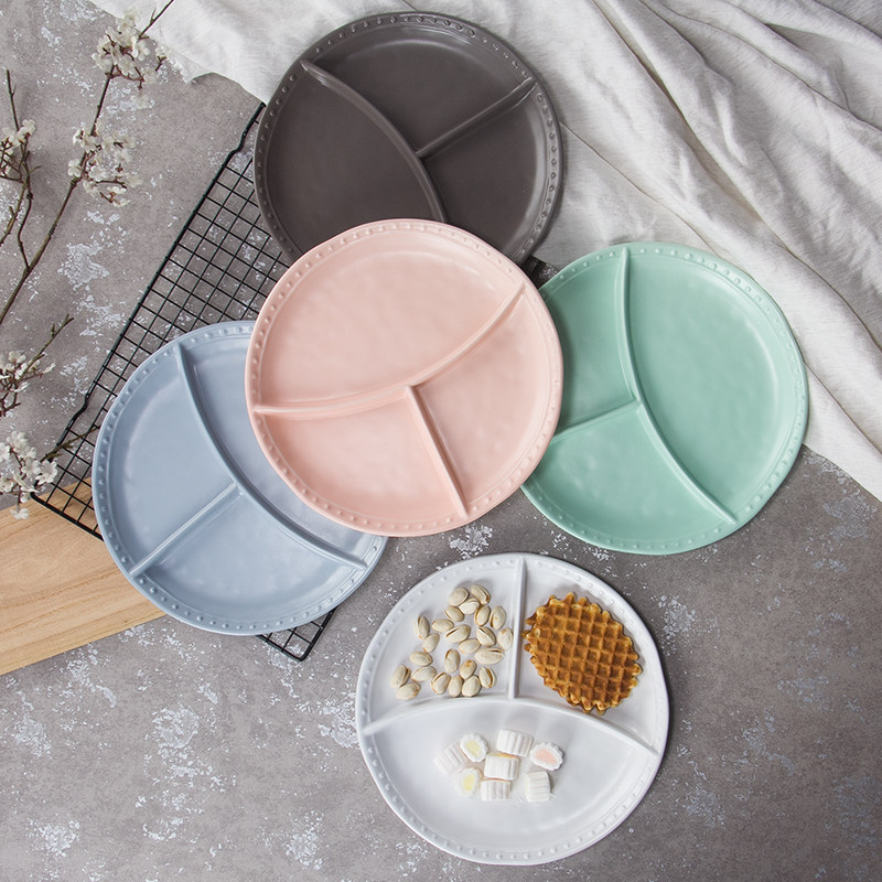 窑匠创意珠点陶瓷盘子三格盘子早餐盘西餐盘家用菜盘蛋糕点心盘子_7折