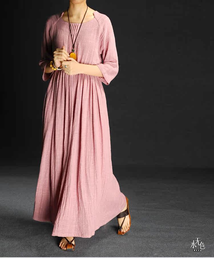 x211水无色原创亚麻连衣裙夏长裙修身棉麻女装2015休闲简约w