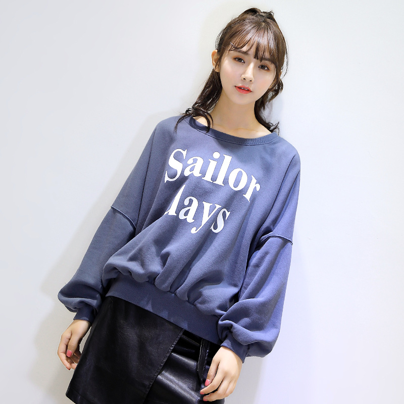 春秋韩版纯棉灯笼袖蝙蝠衫卫衣女无帽宽松个性百搭套头上衣学生潮