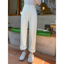 (Hu Chus Escape Plan) white covety straight pants woman autumn winter new high waist display slim casual pants woman