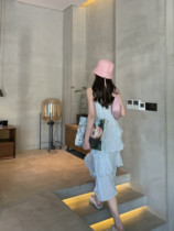 (Small fresh outfit)Super fairy summer French sweetheart floral shoulder suspender cake dress Womens small skirt