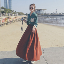  Spring and autumn French fake two-piece spliced shirt dress female 2021 new early spring temperament over-the-knee large swing long skirt