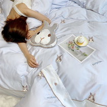 Hipster colorblock 60 long staple cotton bedding cute rabbit embroidery quilt cover simple cotton four-piece set