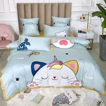 Cute cat 60 Egyptian long staple cotton embroidery four-piece cartoon small fish cotton girl heart bedding