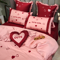 Simple love embroidery Egypt 60 long staple cotton soft four-piece hipster ruffle quilt cover cotton bedding