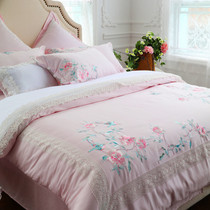 Pastoral style light powder 60 long staple cotton four-piece American flower and bird embroidery quilt cover lace bedding 1 8m