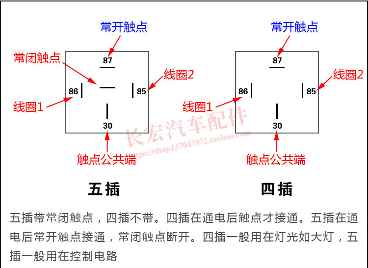 汽车继电器12v/24v/80a大电流防水4脚/5脚通用改装四插五插继电器