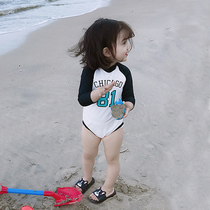 Childrens swimsuit girl one-piece long sleeve sunscreen girl cute swimsuit Korean Princess baby hot spring swimsuit