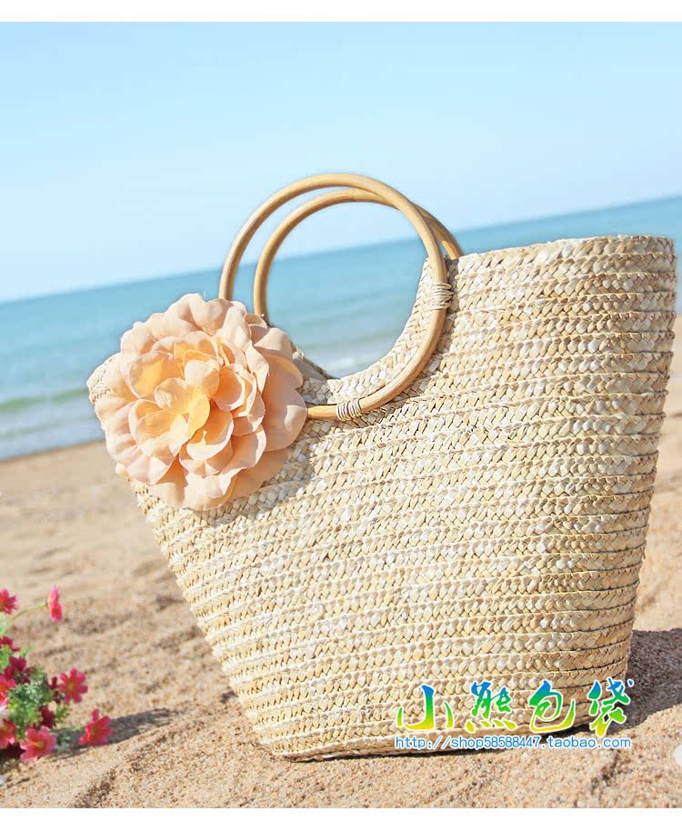 大號bv編織包 新款大花朵大容量草編包手提包夏季女包度假旅遊沙灘包手工編織包 bv編織包
