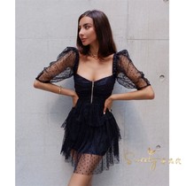 Alice mccall 21 autumn summer wave point lace splicing mesh yarn cake short skirt square collar wrap chest dress