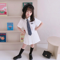 Girls white college windy dress 2022 Summer new children polo turn collar short sleeves 100 pleats jk dresses