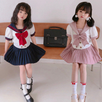 2021 Summer Girls JK Suit Uniforms Children Short Sleeve Foreign Air Pleats Skirts Academy Wind Kindergarten Two Suits