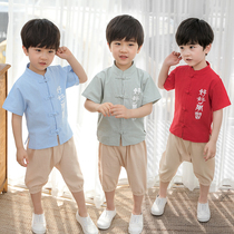 Boy set 2021 cotton linen 2 Summer new Tang suit 1-3 years old and half 5 baby to learn 6 children two-piece set