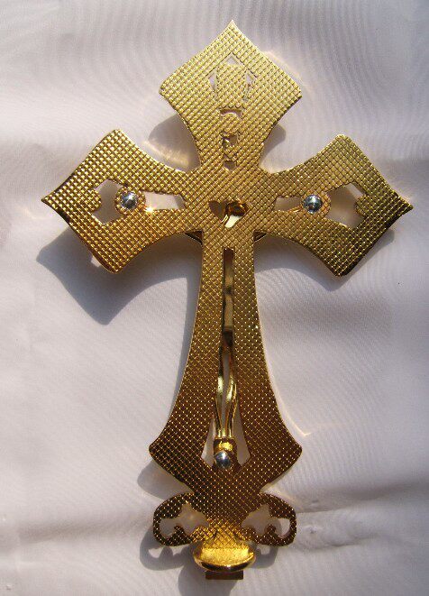 外贸镀金镶钻蓝底珐琅色圣心爱火十字架摆件