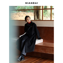 NIANBAI chant white 2021AW 70 full wool black double face big coat genuine leather metal buckle NW3722