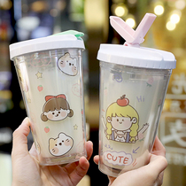 Net red suction cup super cute high-value girl student portable plastic water cup female ins cute double-layer hand Cup