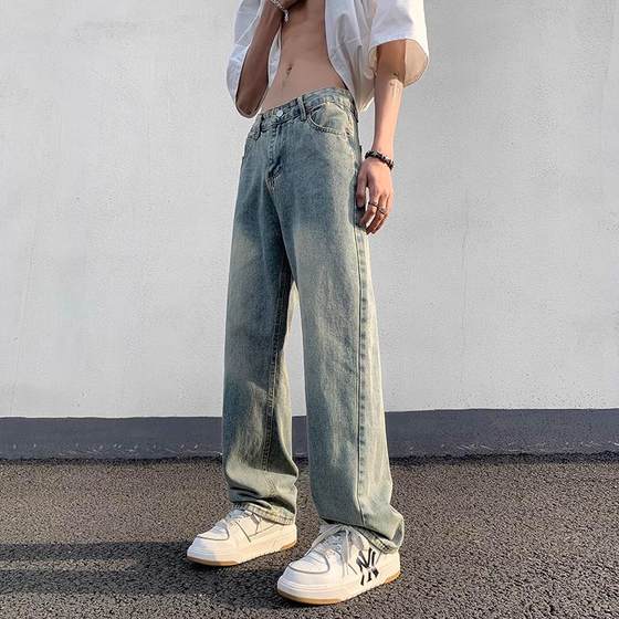 American retro jeans, men's loose fitting straight leg pants, high street trendy brand, versatile, washed and worn-out wide leg casual pants American retro jeans, men's loose fitting straight leg pants, high street trendy brand, versatile, washed and worn-out wide leg casual pants