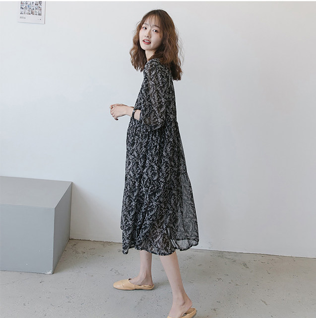 Nuochu maternity wear summer style 2024 new maternity dress slimming floral temperament large size loose chiffon long skirt