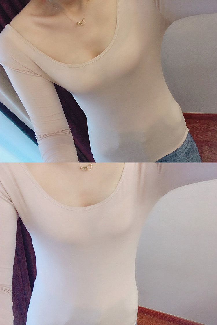 春秋超薄莫代尔打底衫百搭ins女装长袖低领紧身大u领打底t恤贴身