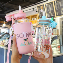 Creative large capacity 1000ml little fairy straw glass portable with cup set cute students oblique cross tea cup