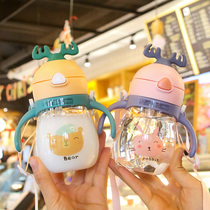 Cartoon kindergarten baby straw strap water cup with handle gravity ball students drop-resistant and leak-proof childrens drinking cup
