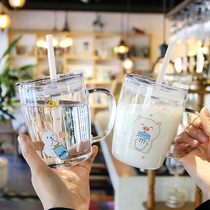 Japanese cartoon childrens milk breakfast glass with scale straw home baby milk powder heating water Cup