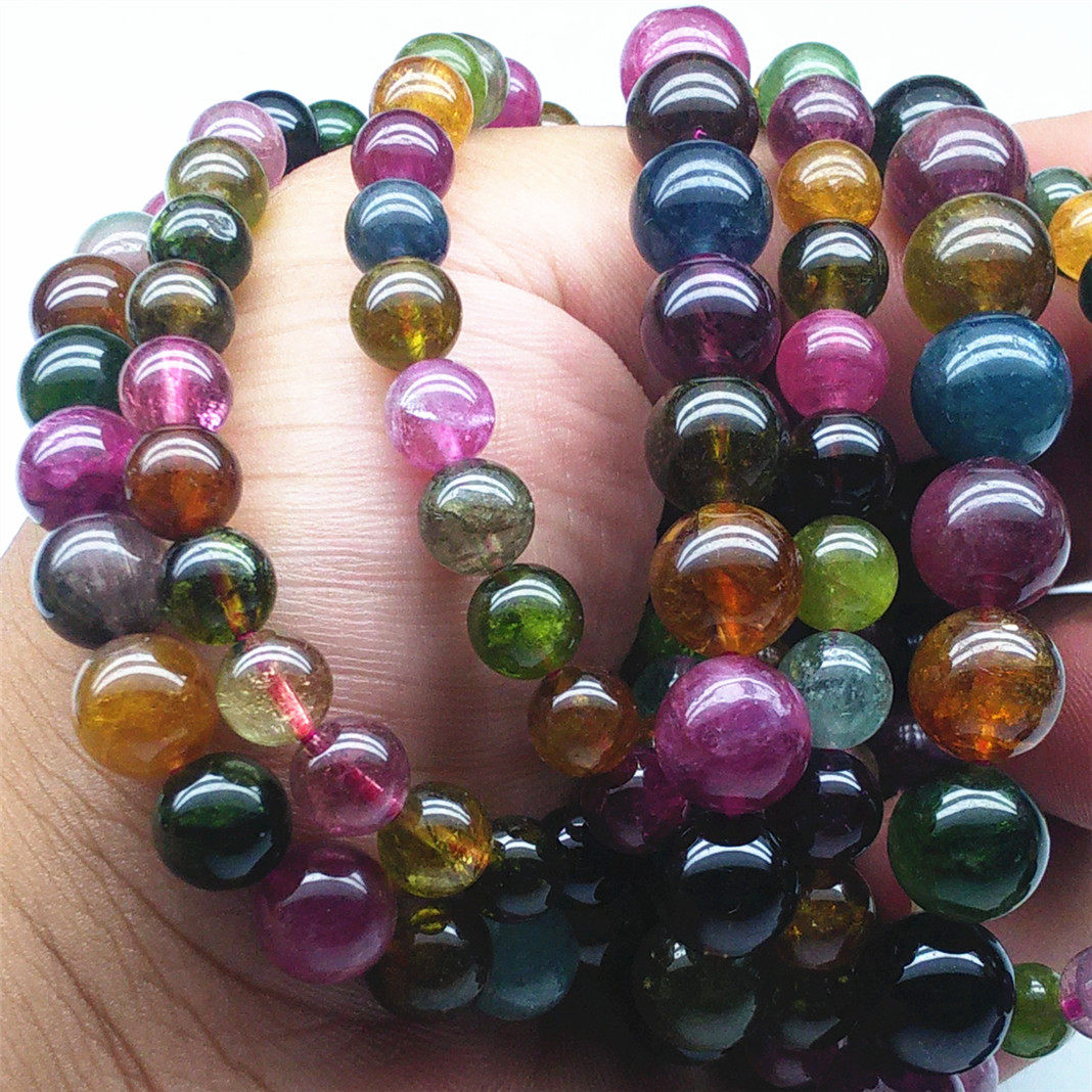 天然老矿碧玺手链单圈通透体 蓝碧散珠糖果色水晶旺夫石手串女款