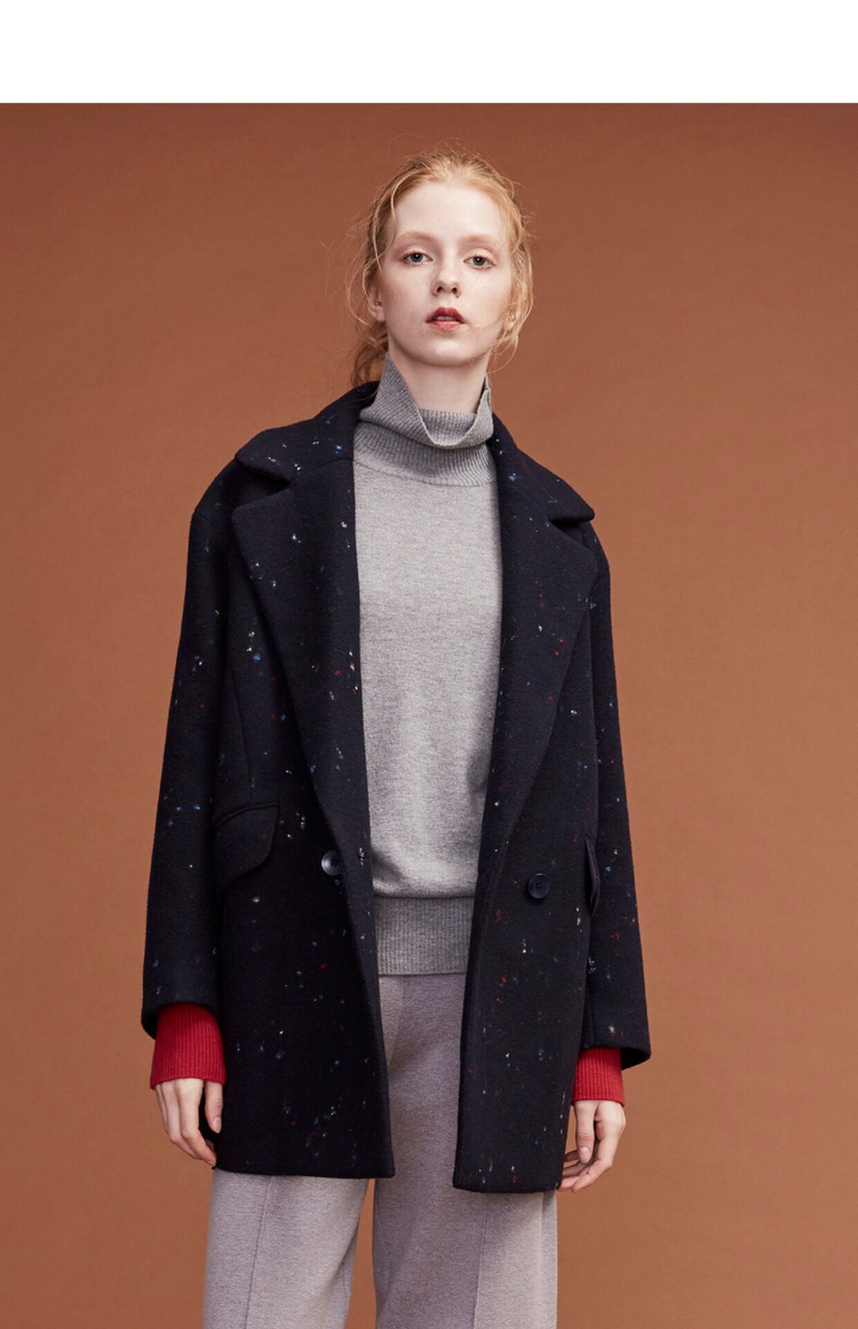 naivee/纳薇2017冬季新款时尚彩点中长款茧型毛呢大衣女修身显瘦_7折