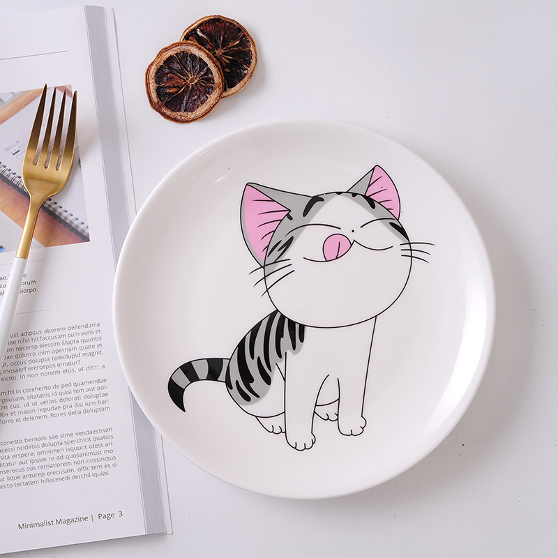 卡通西餐盘子陶瓷盘家用餐具 个性创意猫咪图案鱼盘菜盘8寸圆盘子