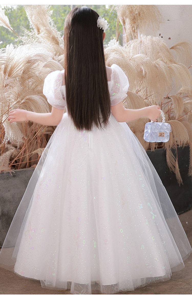 儿童婚纱礼服裙钢琴考级表演服装白色女童主持学生蓬蓬网纱公主裙