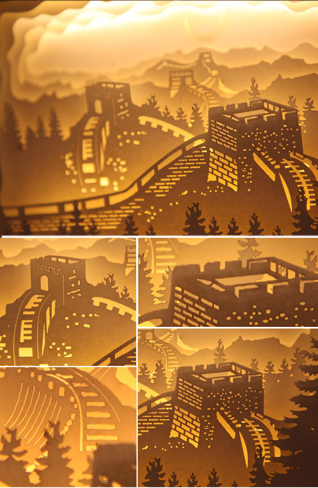 居也光影纸雕灯长城建筑牀头装饰台灯3diy手工作业送客户旅游纪念