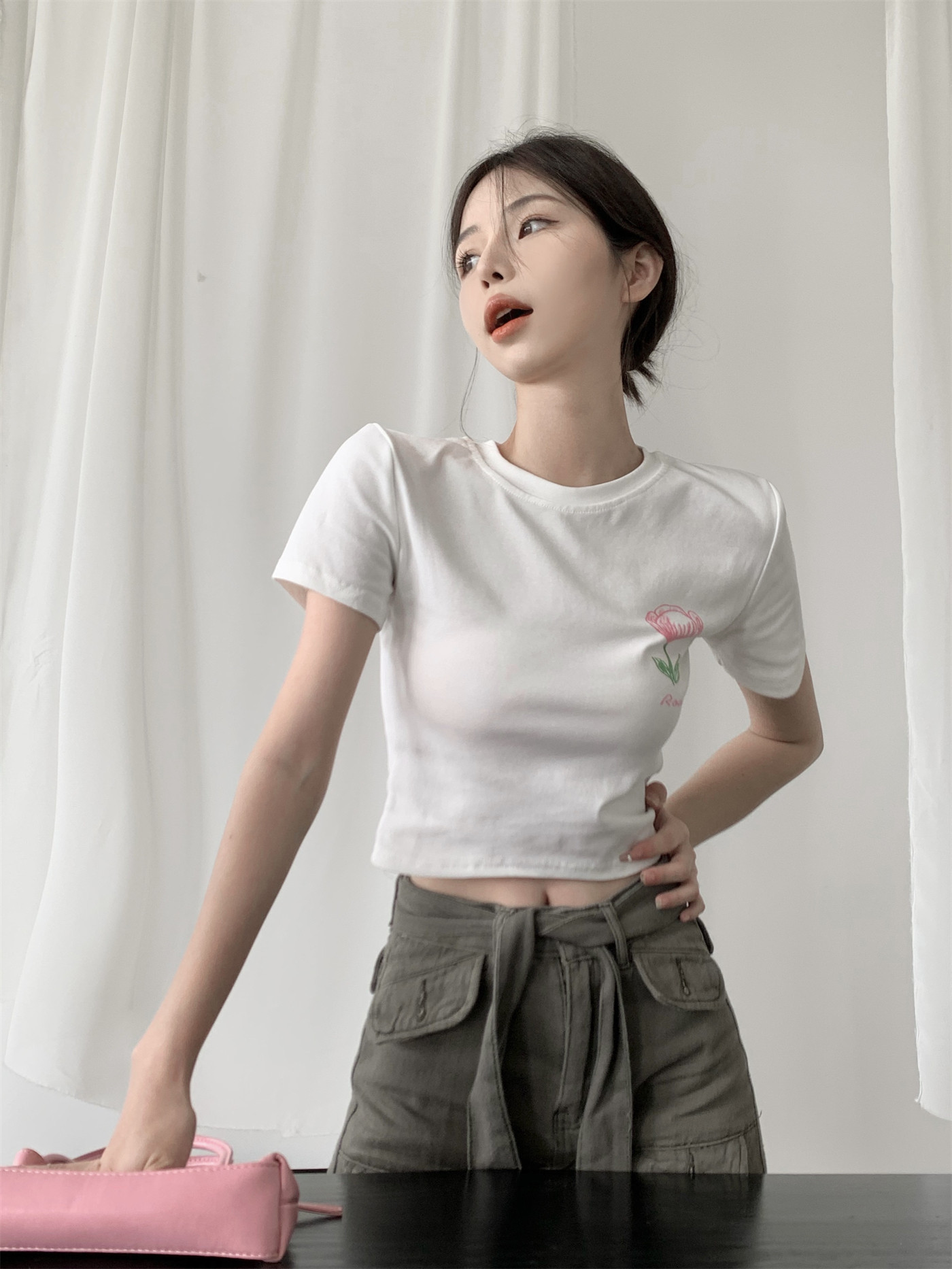 【26支精梳纯棉】郁金香印花短袖t恤甜辣妹短款百搭显瘦白色上衣 - 17