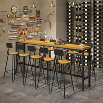 Solid wood bar table Household wall narrow table Wrought iron high foot table Milk tea shop retro commercial bar table and chair combination