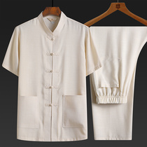 Mens Summer Tang Dress Short sleeve cotton linen top Chinese stand-up collar Half sleeve Linen Chinese style lay suit Hanfu special offer