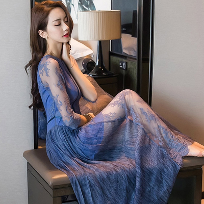 2018夏装新款女装复古蕾丝网纱裙子雪纺连衣裙春夏季中长款长裙仙