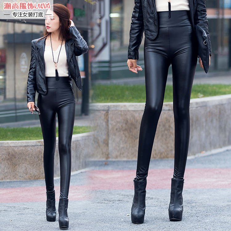 秋冬加绒高腰显瘦皮裤女 韩版加长小脚裤 PU皮亚
