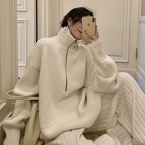 2022 Autumn Winter Blast Sweater Jacket Jacket Woman Loose High Collar Rework Jacket Head Zipped White Collar Coarse Needle Knit