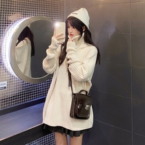 High collar sweater womens winter thickened loose outside wearing medium length 2022 new fashion Lazy Wind white sweaters