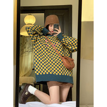 2021 Autumn Winter New Collision Color Chessboard Lattice Round Collar Embroidery Loose and Lazy Wind in long style Knitted Sweater Sweater