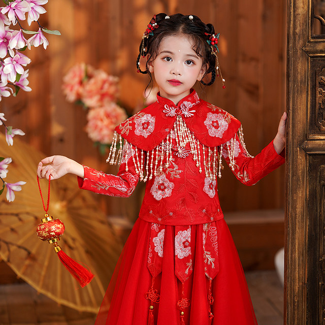 ເດັກຍິງ Hanfu ນຸ່ງຊຸດລະດູຫນາວ 2022 ເດັກນ້ອຍໃຫມ່ ຊຸດອວຍພອນປີໃຫມ່ຂອງລະດູຫນາວດູໃບໄມ້ລົ່ນແລະລະດູຫນາວ Princess ປີໃຫມ່ dress ລະດູຫນາວ