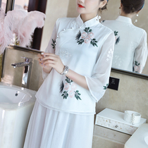 Chinese style womens temperament suit Republic of China retro embroidery shirt improvement literary tea clothing womens Tang suit two-piece summer