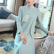 Improved cheongsam style Hanfu dress plain temperament long dress Chinese style womens Zen Zen clothes tea clothes womens autumn clothes