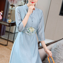 Improved Hanfu Cheongsam Dress Literary Vintage Embroidery Chinese Style Zen Tea Clothing Womens Autumn Fairy Dress