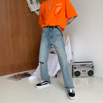 cuibuju 20ss street skateboard straight leg pants korean style trendy wash denim pants cut legs men