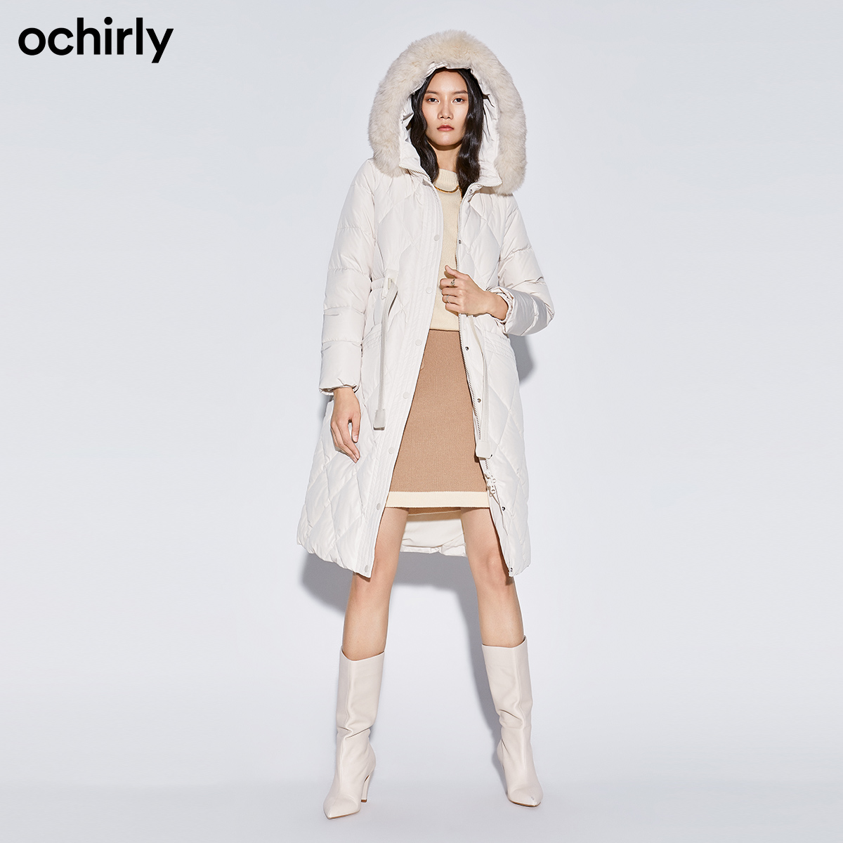 ochirly欧时力2020新款冬装狐狸毛领菱格中长羽绒服女1rz433980f