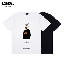M5IS summer new casual confusing God Prayer print Flying Pigeon loose round neck solid color black and white short sleeve t-shirt