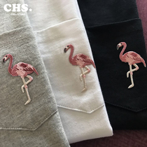 GYHSGOOD POCKET TEE heavy embroidered flamingo couple cotton POCKET short sleeve TEE shirt
